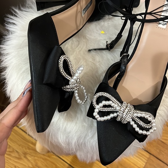 Size 10 BNWT DRESS BLACK BOWTIE RHINESTONE PEARL HEELS - Picture 10 of 11